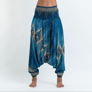 Diamond Peacock Jumpsuit Harem Pants in Turquoise- pants/jumpsuit - OS